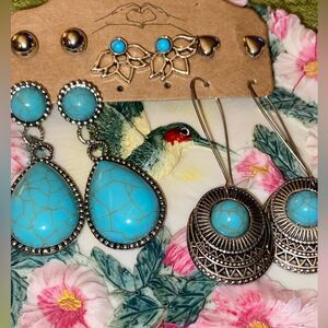New Silver & Turquoise Women's Earrings set of 5- Great/w Jeans, Skirts, Shorts